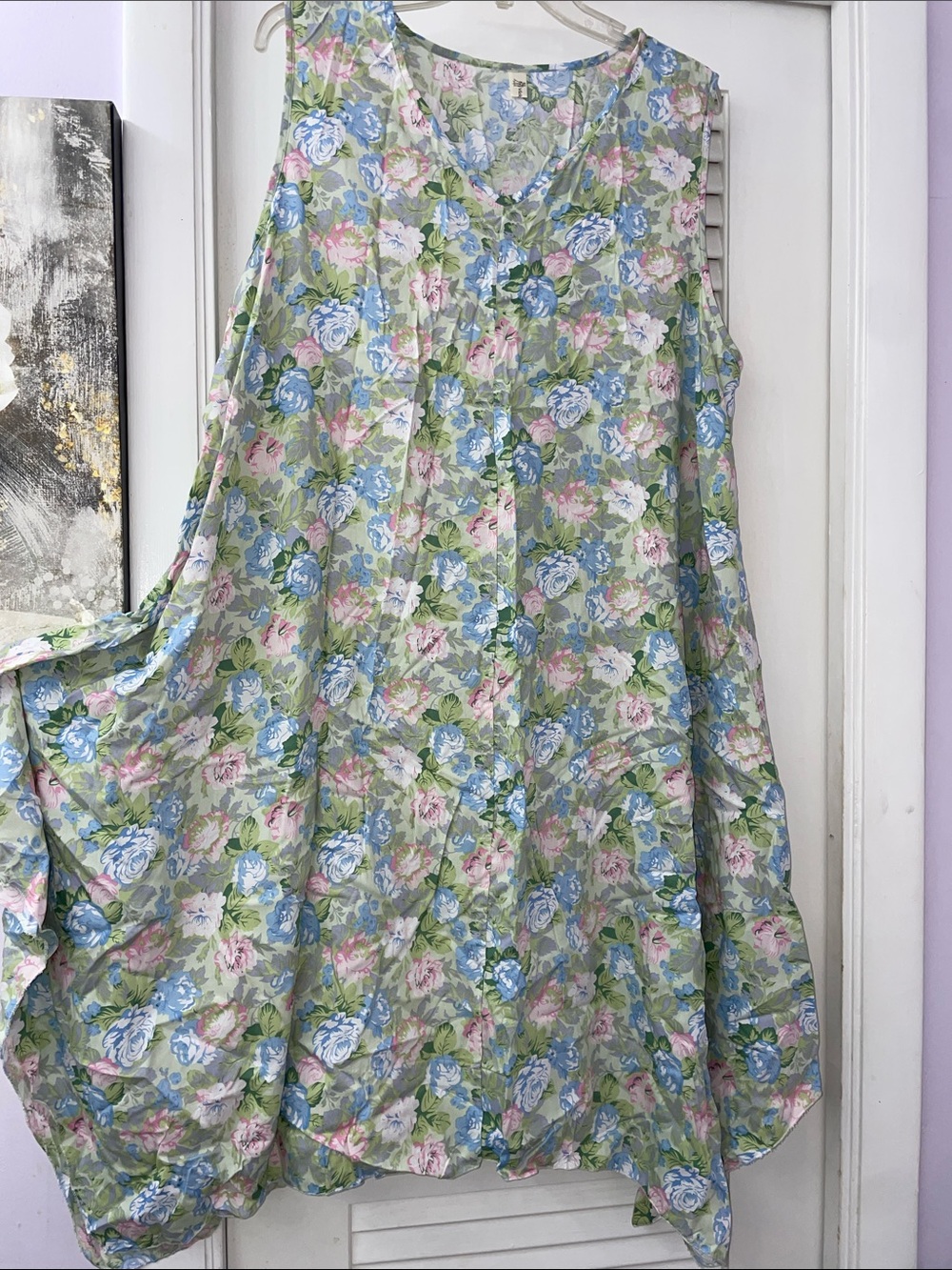 Floral Sleeveless A-Line Tunic Dress in Sage, Blue & Pink